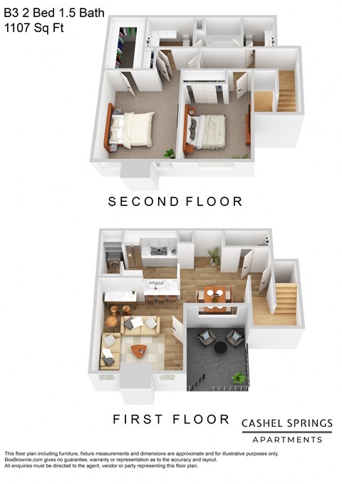Floor plan for 2 beds, 1.5 baths, 1107 sqft